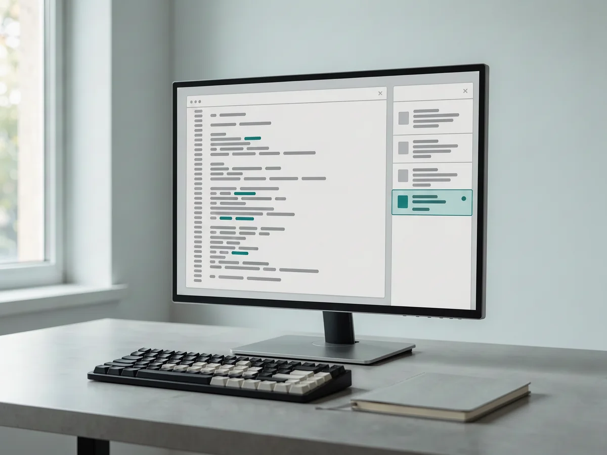A code editor beside a quiet panel that lists an agent’s tool calls, one of them waiting for approval.